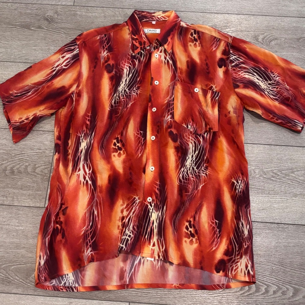 Davinci Button Down Shirt Mens Large Orange Abstract Fire Print‎ Vintage Casual